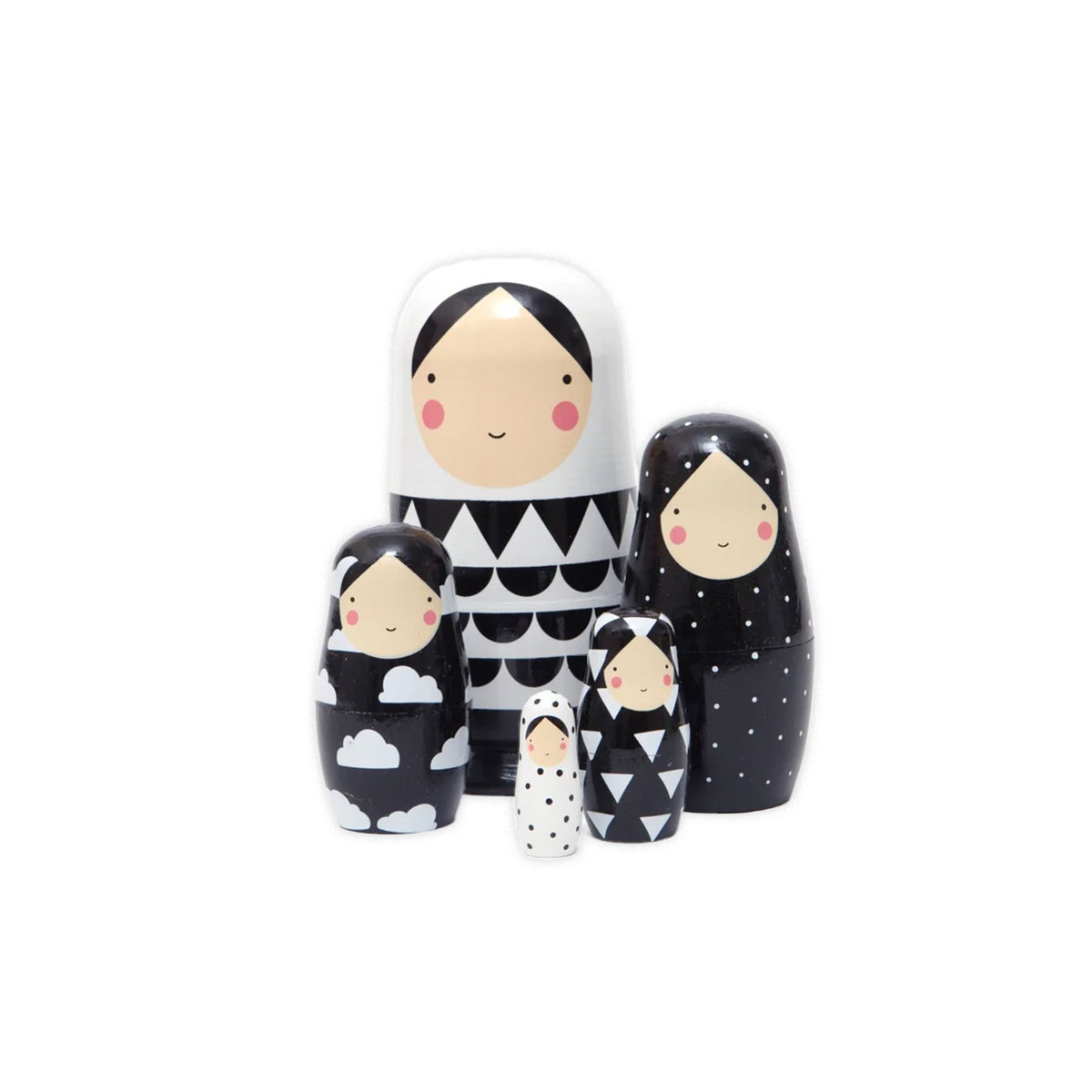 Koka-figuru-komplekts-Nesting-dolls,-Black-and-white,-Petit-Collage