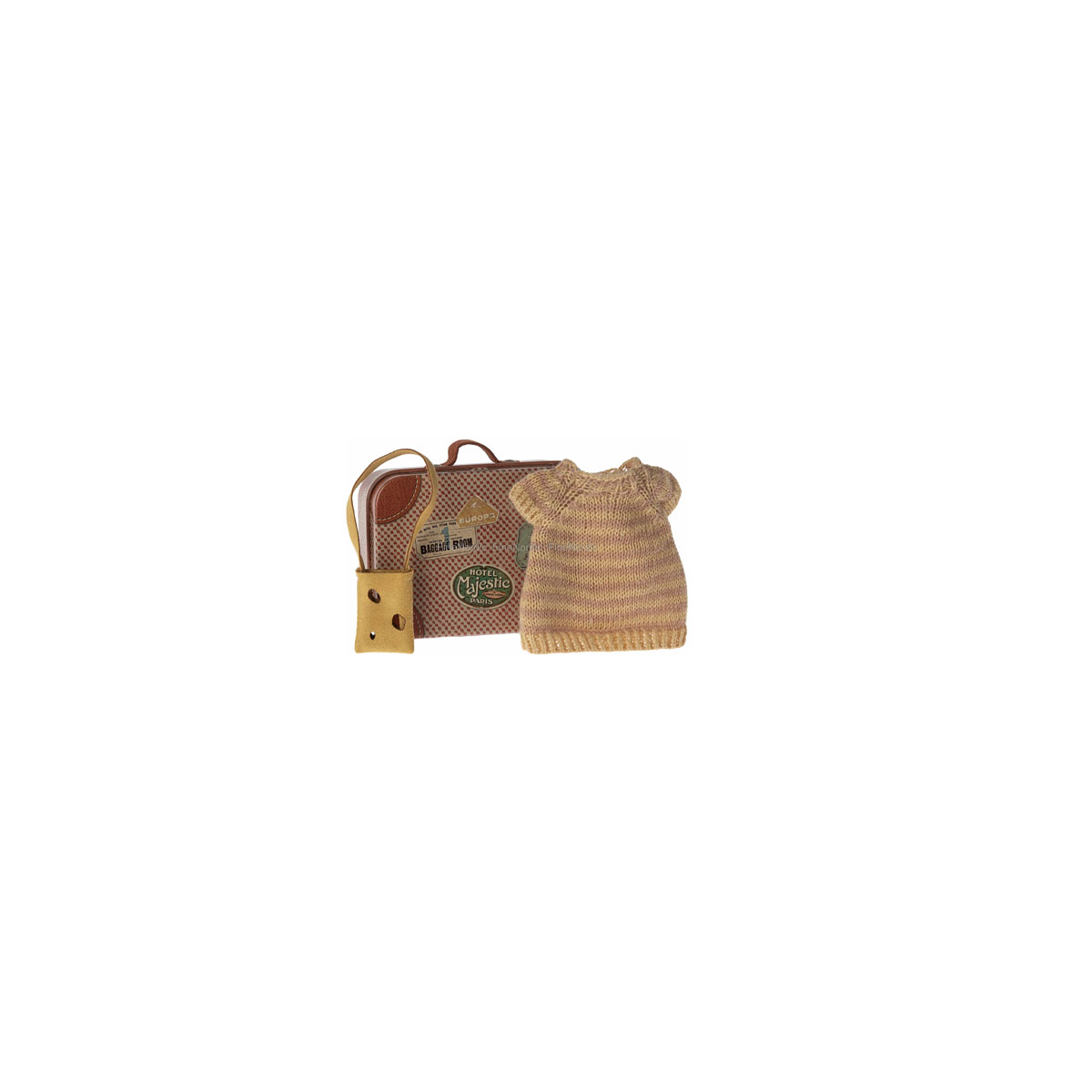 Rotalu-apgerbs-koferi-Knitted-dress-and-bag,-Mouse,-Maileg