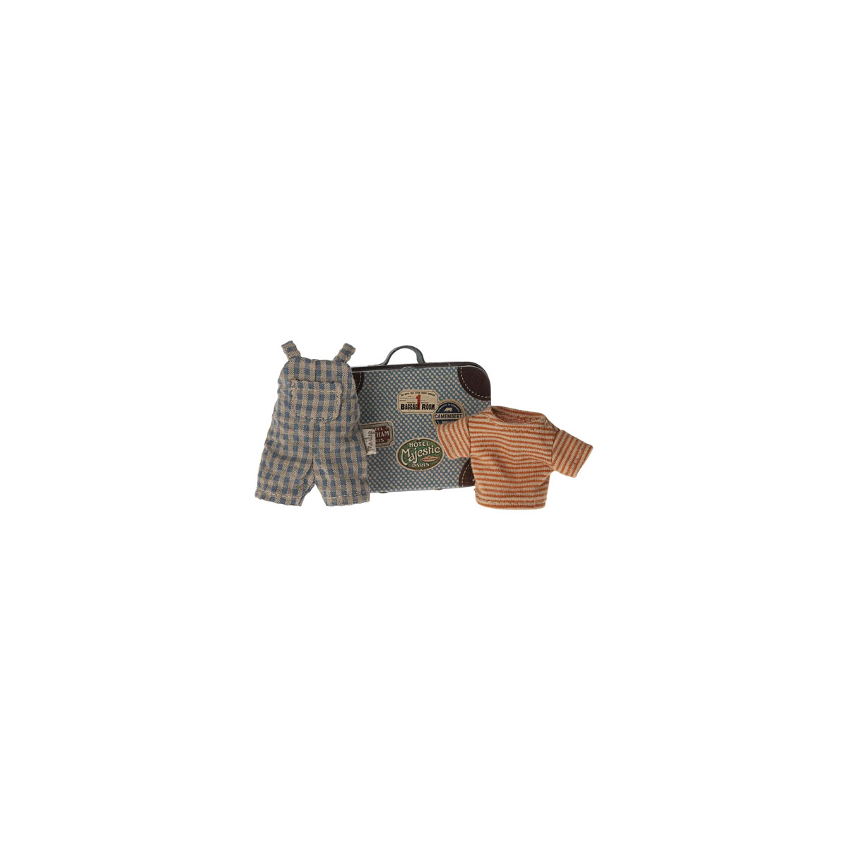 Rotalu-apgerbs-koferī-Overalls-and-shirt,-Mouse,-Maileg