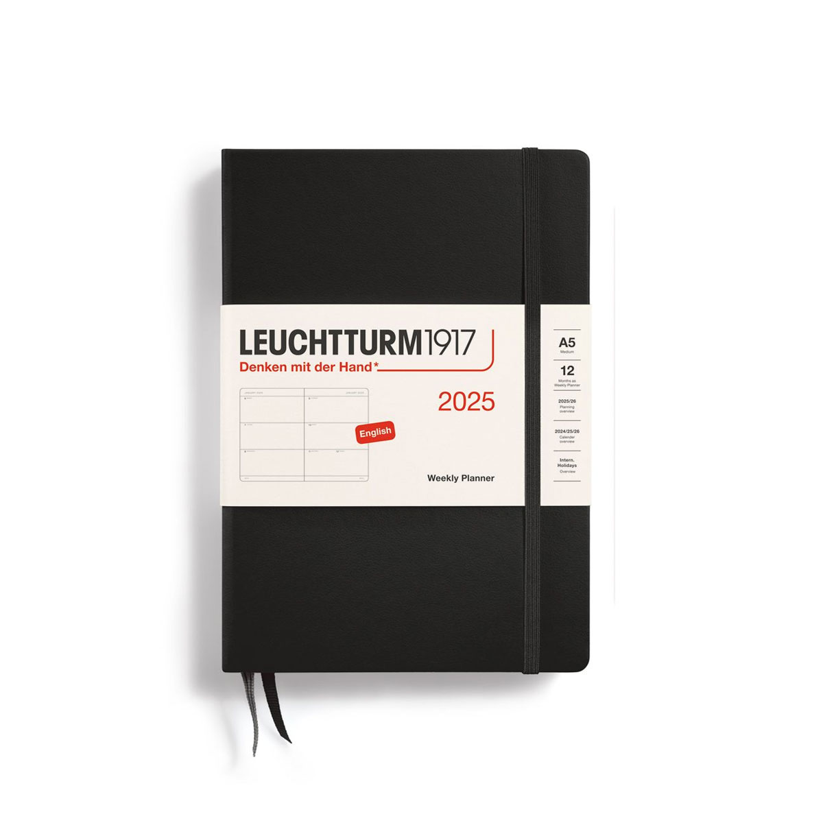 Planotajs-2025,-Weekly,-Black,-Medium,-A5,-Hardcover,-Leuchtturm Leuchtturm1917 2025.gada plānotājs ikdienai, darbam