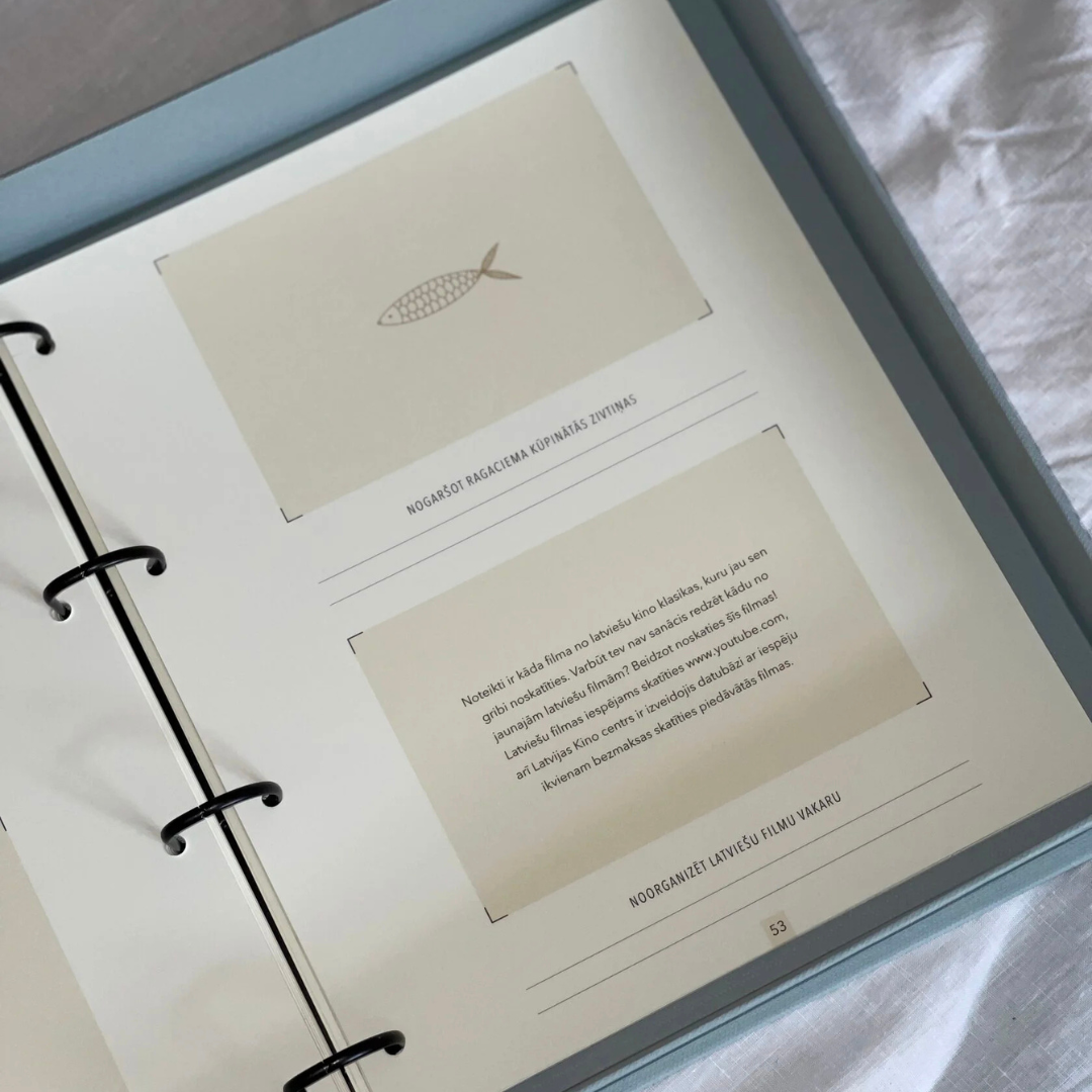 Fotoalbums "Bildē būt" ar gaiši zilu vāku un zelta vāka apdruku. Albumam ir magnētiska aizdare un melns metāla riņku mehānisms iekšlapu stiprināšanai.