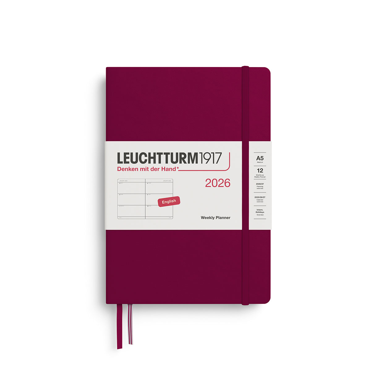 Planotajs-2026,-Port-red,-Weekly,-Medium,-A5,-Leuchtturm